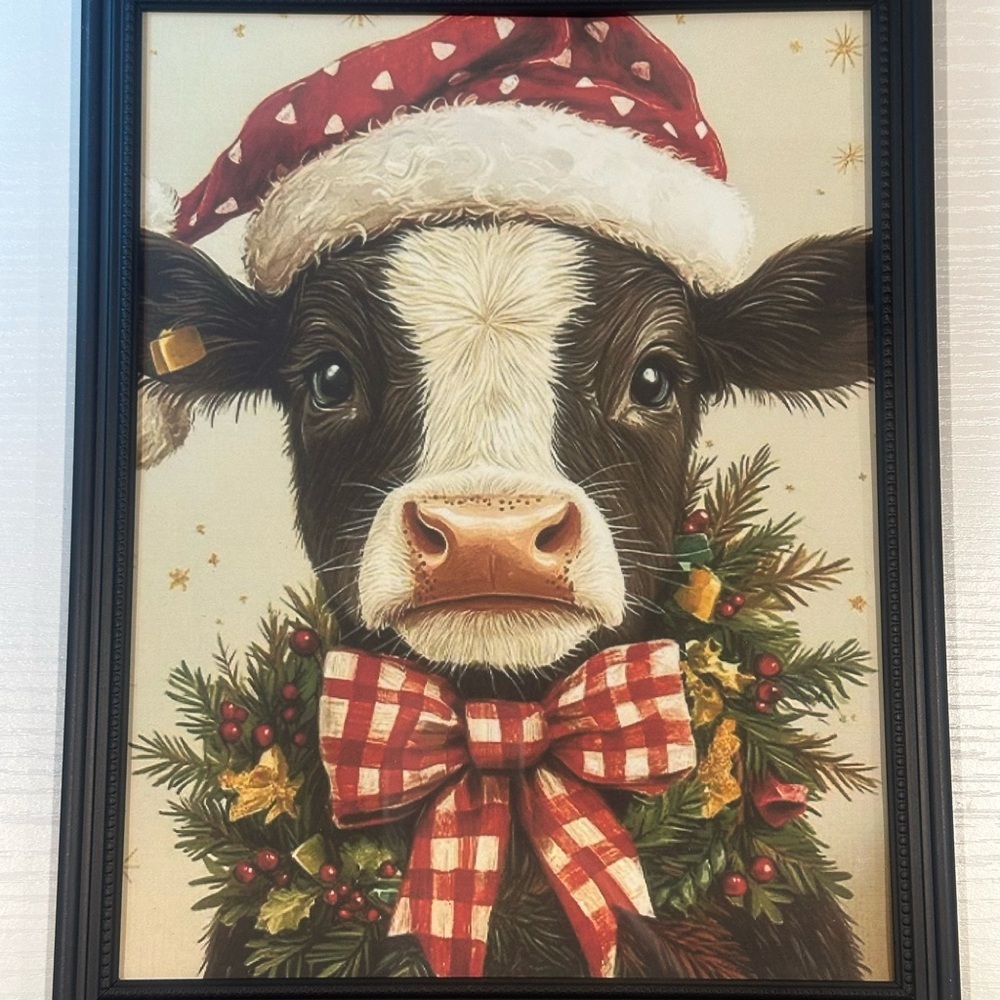 8x10 Striped Cow Black Christmas Holidays Bow Hat Art Painting Framed Print